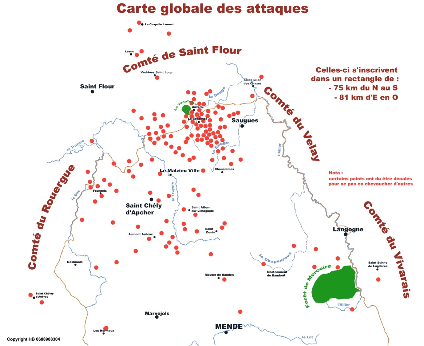 Carte Globale des attaques de la Bête du Gévaudan